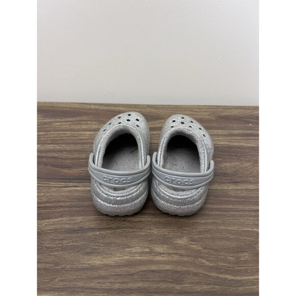 Crocs Classic Glitter‎ Silver Sparkle Fuzzy Lined Clog Unisex Juvenile Size 9 - Picture 6 of 6